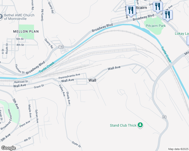 map of restaurants, bars, coffee shops, grocery stores, and more near 105 Negley Avenue in Wall