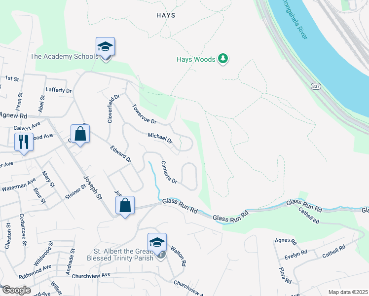 map of restaurants, bars, coffee shops, grocery stores, and more near 2400 Michael Drive in Pittsburgh