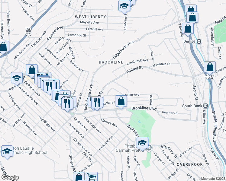 map of restaurants, bars, coffee shops, grocery stores, and more near 2371 Whited Street in Pittsburgh