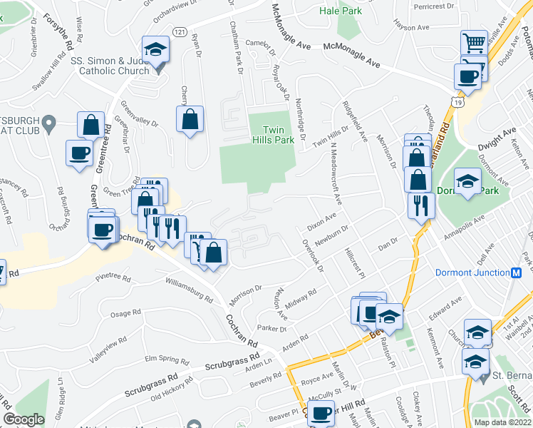 map of restaurants, bars, coffee shops, grocery stores, and more near 930 Adam Drive in Pittsburgh