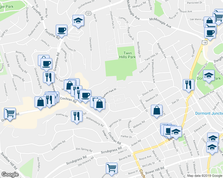 map of restaurants, bars, coffee shops, grocery stores, and more near 1900 Cochran Road in Pittsburgh