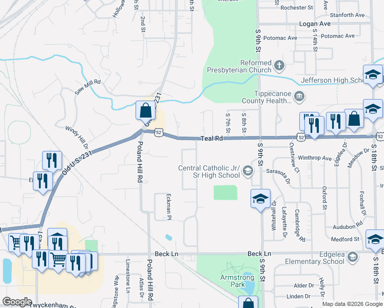 map of restaurants, bars, coffee shops, grocery stores, and more near 440 Southern Dr in Lafayette
