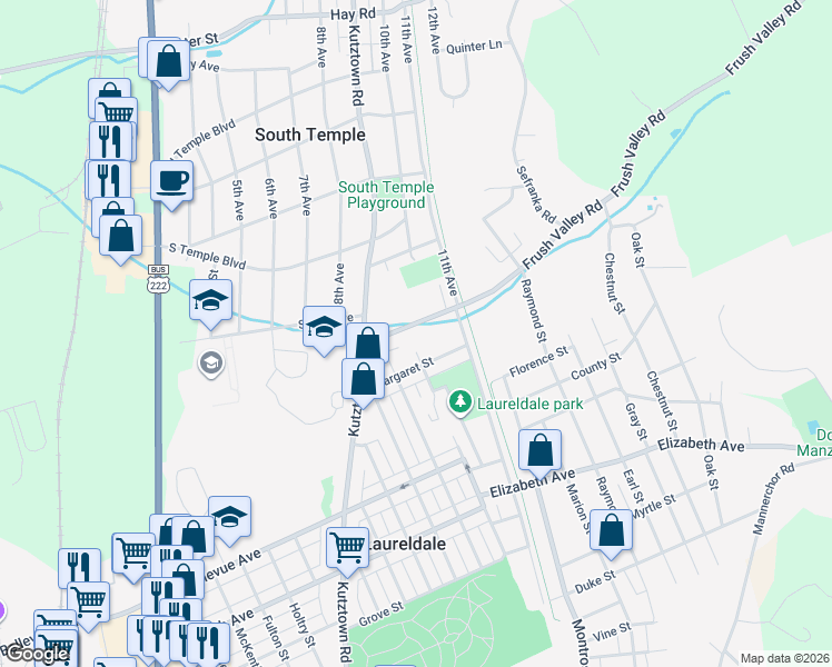 map of restaurants, bars, coffee shops, grocery stores, and more near 1405 Frush Valley Road in Reading