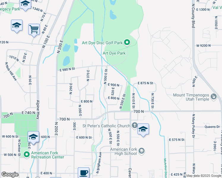 map of restaurants, bars, coffee shops, grocery stores, and more near 865 North 520 East Street in American Fork