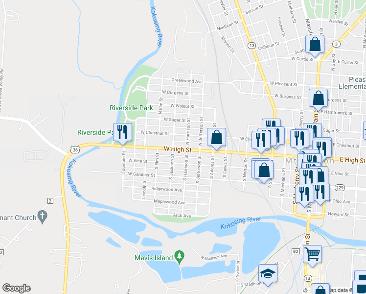 map of restaurants, bars, coffee shops, grocery stores, and more near 903 Ohio 3 in Mount Vernon