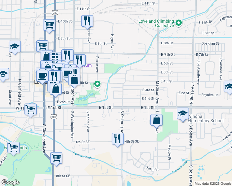 map of restaurants, bars, coffee shops, grocery stores, and more near 1014 East 4th Street in Loveland