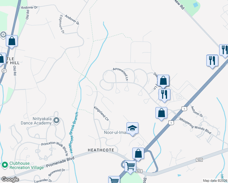 map of restaurants, bars, coffee shops, grocery stores, and more near 6 Sassafras Lane in South Brunswick Township