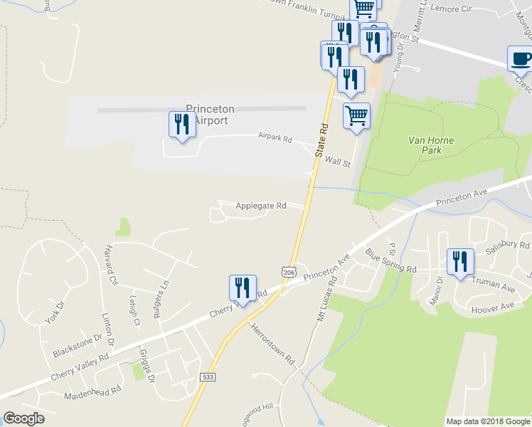 map of restaurants, bars, coffee shops, grocery stores, and more near 201 Commons Way in Princeton