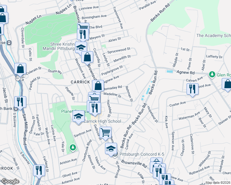 map of restaurants, bars, coffee shops, grocery stores, and more near 133 Hornaday Road in Pittsburgh
