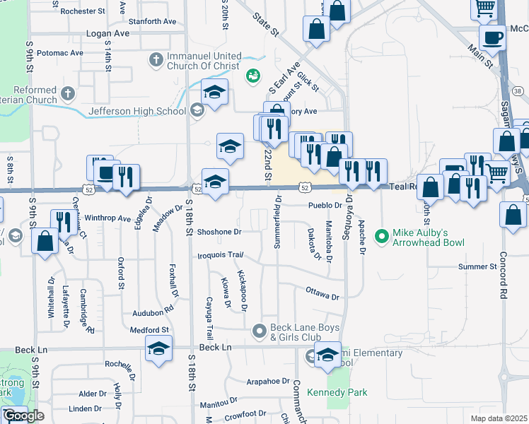 map of restaurants, bars, coffee shops, grocery stores, and more near 2301 Osage Court in Lafayette