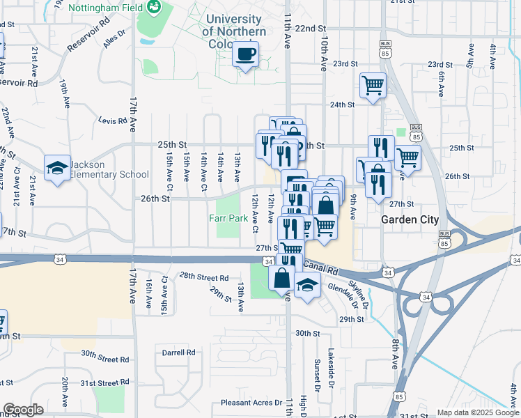 map of restaurants, bars, coffee shops, grocery stores, and more near 2608 12th Avenue Court in Greeley