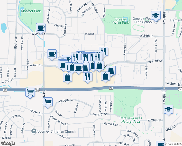map of restaurants, bars, coffee shops, grocery stores, and more near 4224 Centerplace Drive in Greeley