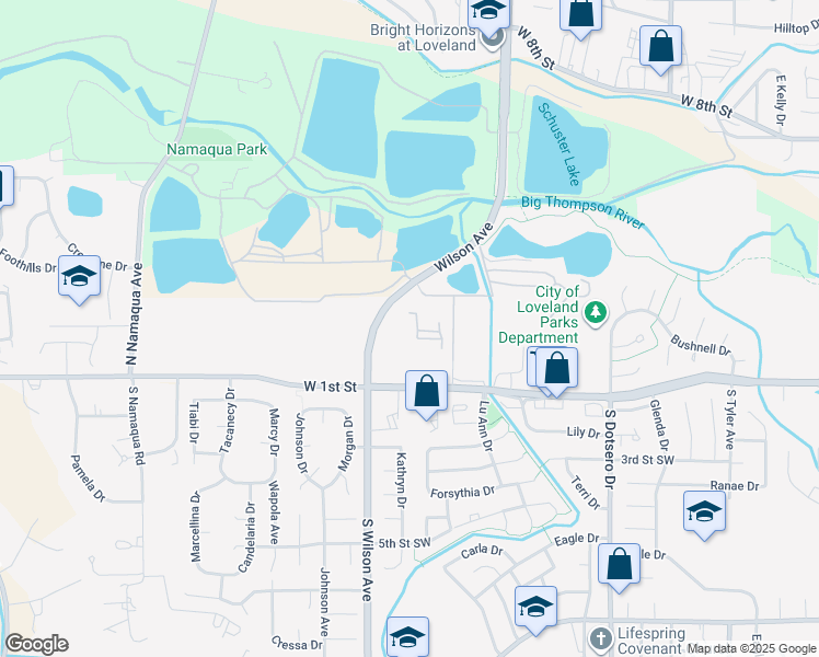 map of restaurants, bars, coffee shops, grocery stores, and more near 200 North Wilson Avenue in Loveland