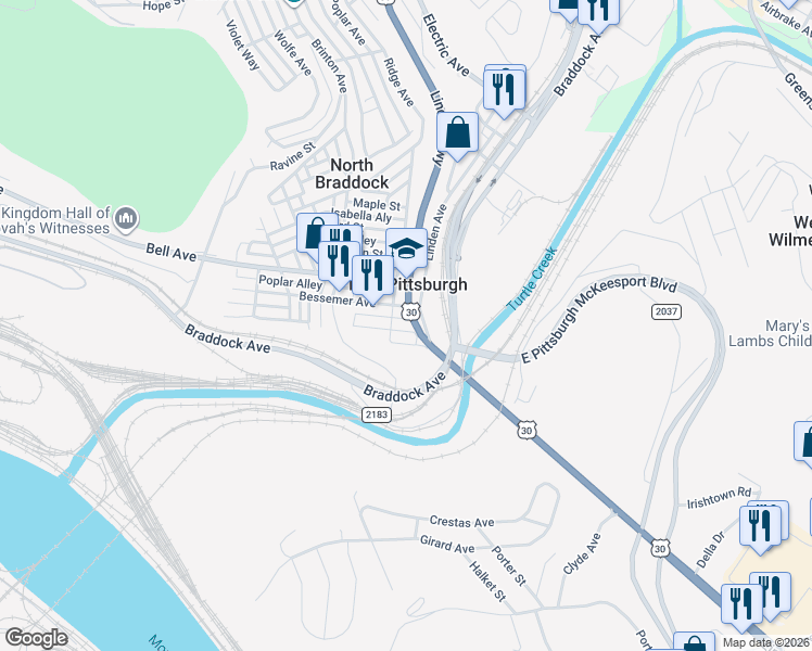 map of restaurants, bars, coffee shops, grocery stores, and more near in East Pittsburgh