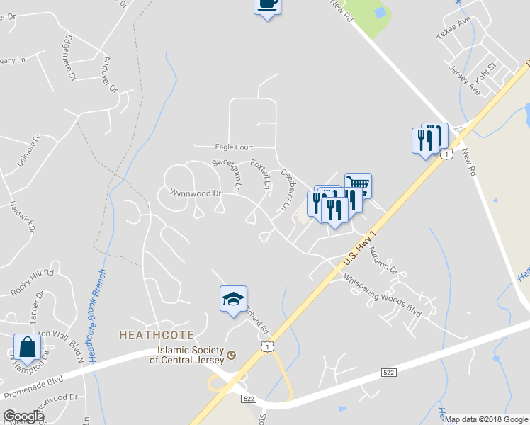 map of restaurants, bars, coffee shops, grocery stores, and more near Wynnwood Drive in South Brunswick Township