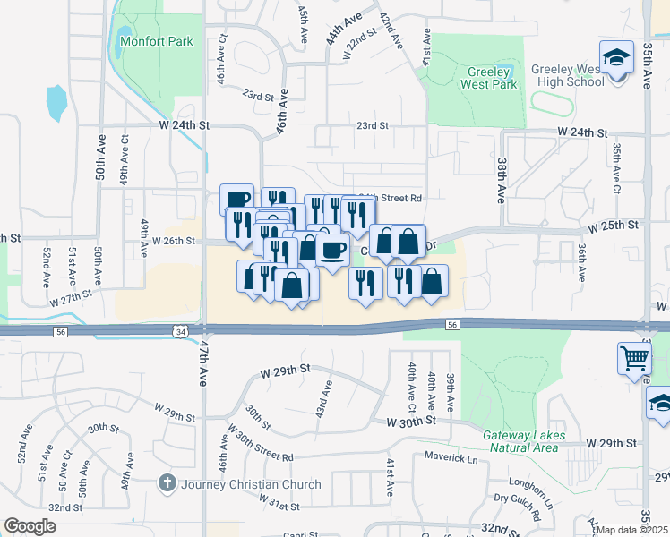map of restaurants, bars, coffee shops, grocery stores, and more near 4400 Centerplace Drive in Greeley