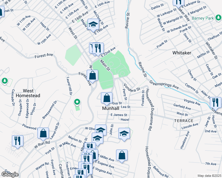 map of restaurants, bars, coffee shops, grocery stores, and more near 2414 Main Street in Munhall