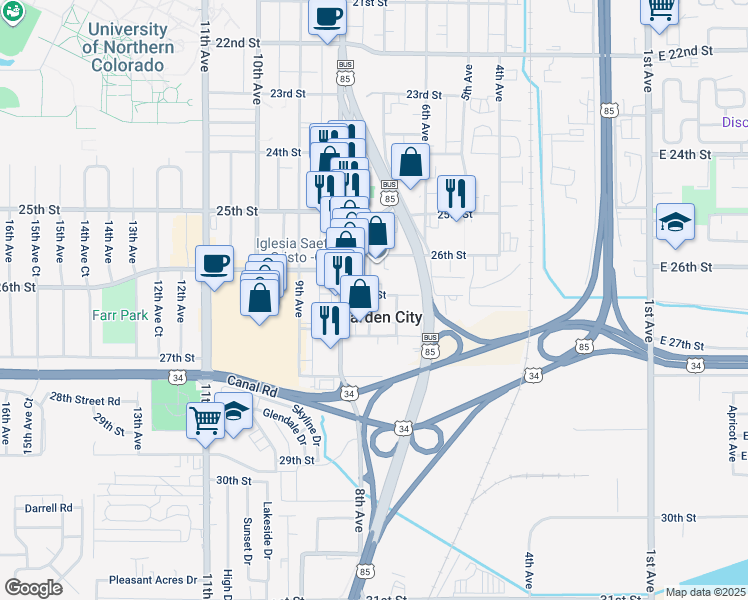 map of restaurants, bars, coffee shops, grocery stores, and more near 2608 7th Avenue in Garden City