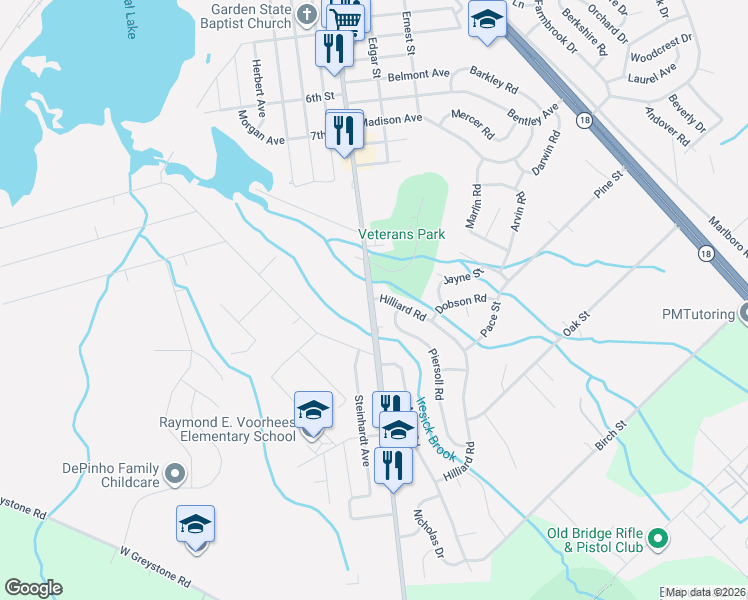 map of restaurants, bars, coffee shops, grocery stores, and more near 1258 Englishtown Road in Old Bridge