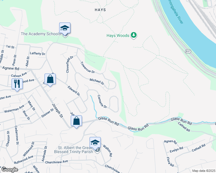 map of restaurants, bars, coffee shops, grocery stores, and more near 2511 Michael Drive in Pittsburgh