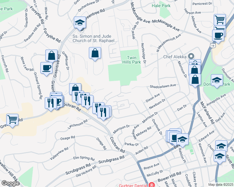 map of restaurants, bars, coffee shops, grocery stores, and more near 1900 Cochran Road in Pittsburgh