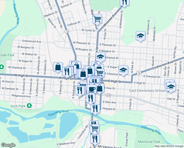 map of restaurants, bars, coffee shops, grocery stores, and more near 102 North Mulberry Street in Mount Vernon