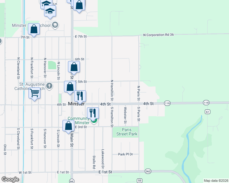 map of restaurants, bars, coffee shops, grocery stores, and more near 82 North Hamilton Street in Minster