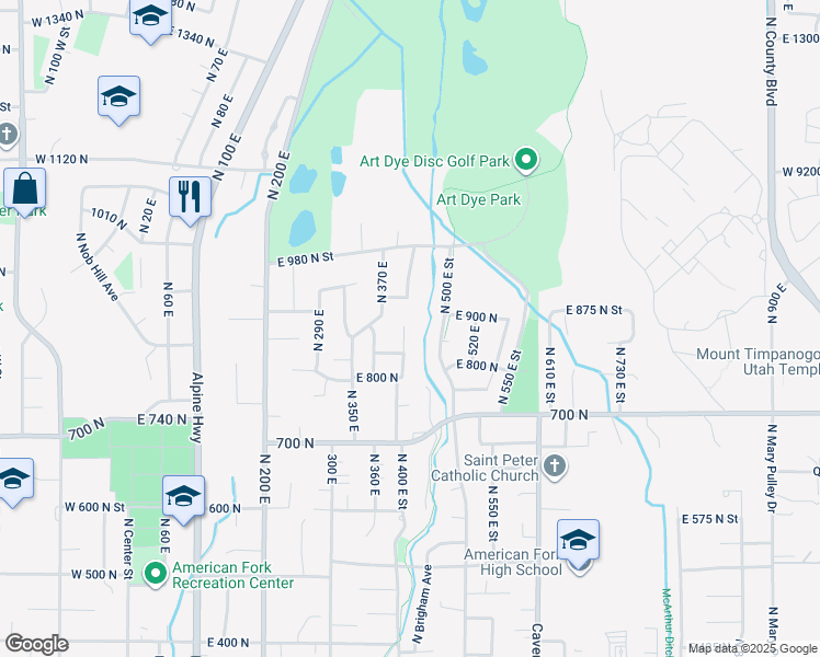 map of restaurants, bars, coffee shops, grocery stores, and more near 914 North 400 East in American Fork