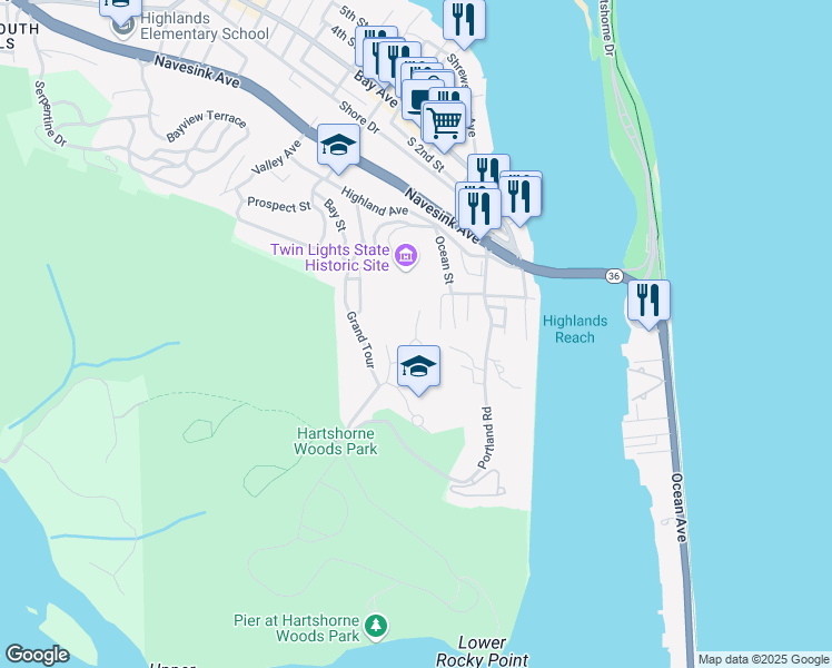 map of restaurants, bars, coffee shops, grocery stores, and more near 11 Twinlights Court in Highlands