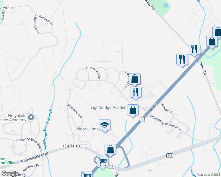 map of restaurants, bars, coffee shops, grocery stores, and more near 16 Foxtail Lane in South Brunswick Township