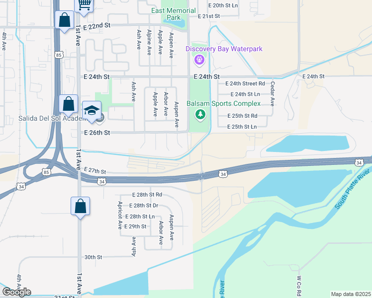 map of restaurants, bars, coffee shops, grocery stores, and more near 2626 Aspen Avenue in Greeley