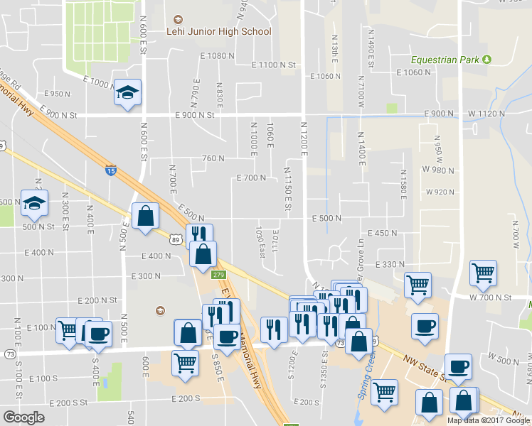 map of restaurants, bars, coffee shops, grocery stores, and more near 1115 East 500 North in Lehi