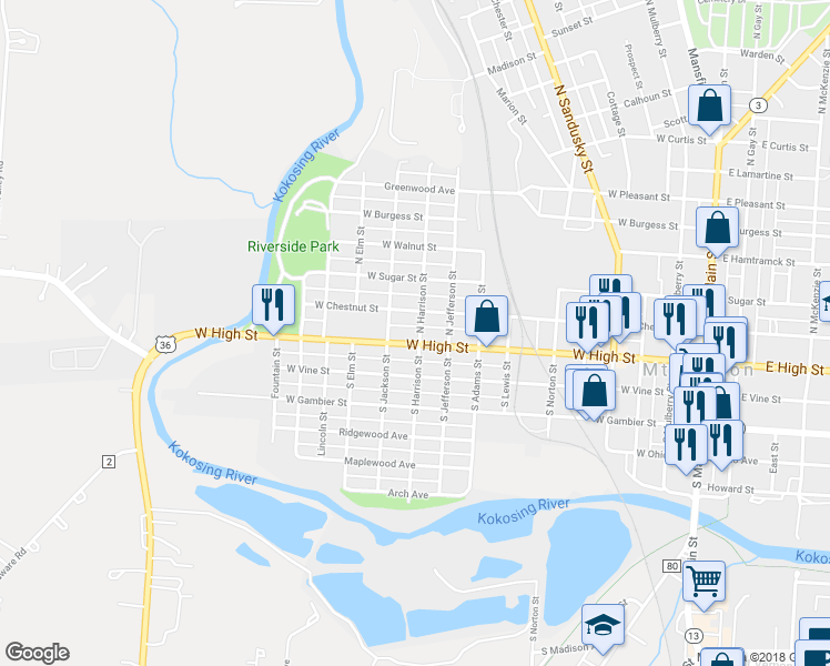 map of restaurants, bars, coffee shops, grocery stores, and more near 901 West High Street in Mount Vernon
