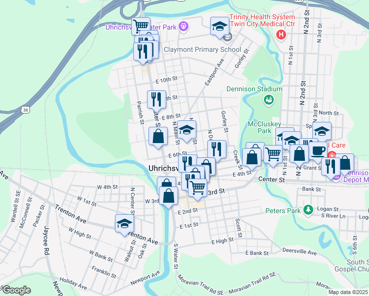map of restaurants, bars, coffee shops, grocery stores, and more near 215 East 6th Street in Uhrichsville