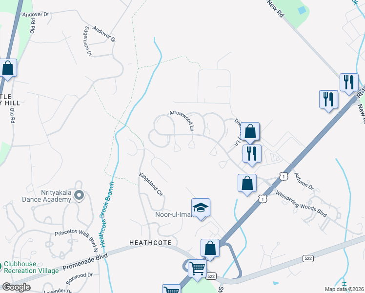 map of restaurants, bars, coffee shops, grocery stores, and more near 51 Cottonwood Court in South Brunswick Township