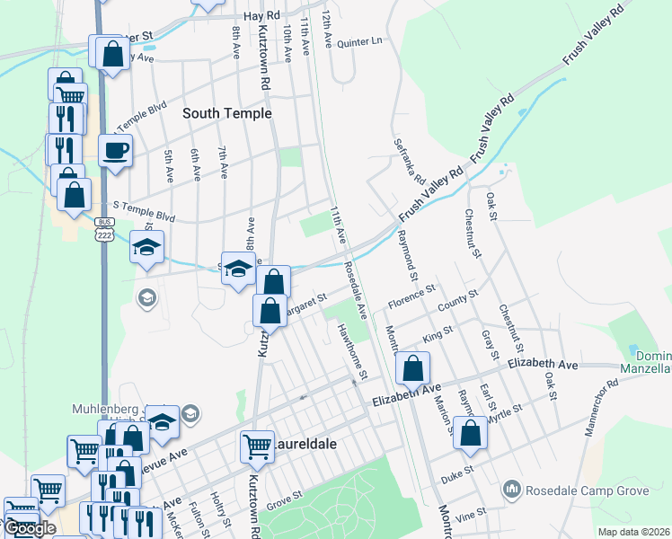 map of restaurants, bars, coffee shops, grocery stores, and more near 1433 Frush Valley Road in Laureldale