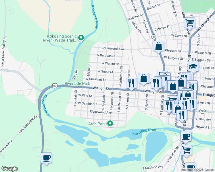 map of restaurants, bars, coffee shops, grocery stores, and more near 908 West Chestnut Street in Mount Vernon