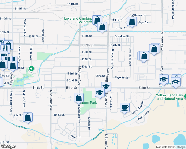 map of restaurants, bars, coffee shops, grocery stores, and more near 1402 East 4th Street in Loveland