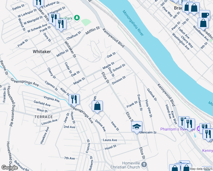map of restaurants, bars, coffee shops, grocery stores, and more near 3631 Eliza Street in West Mifflin