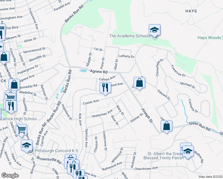 map of restaurants, bars, coffee shops, grocery stores, and more near 633 Brinwood Avenue in Pittsburgh