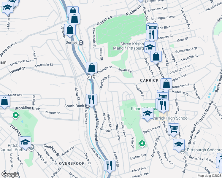 map of restaurants, bars, coffee shops, grocery stores, and more near 1909 Fairland Street in Pittsburgh