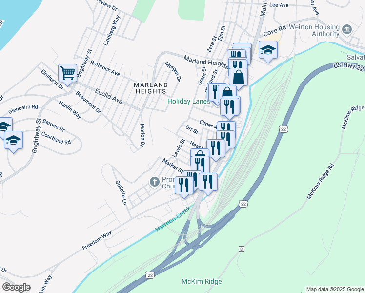 map of restaurants, bars, coffee shops, grocery stores, and more near 359 Heaslett Avenue in Weirton
