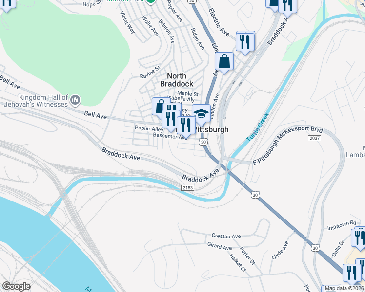 map of restaurants, bars, coffee shops, grocery stores, and more near 526 Bessemer Avenue in East Pittsburgh