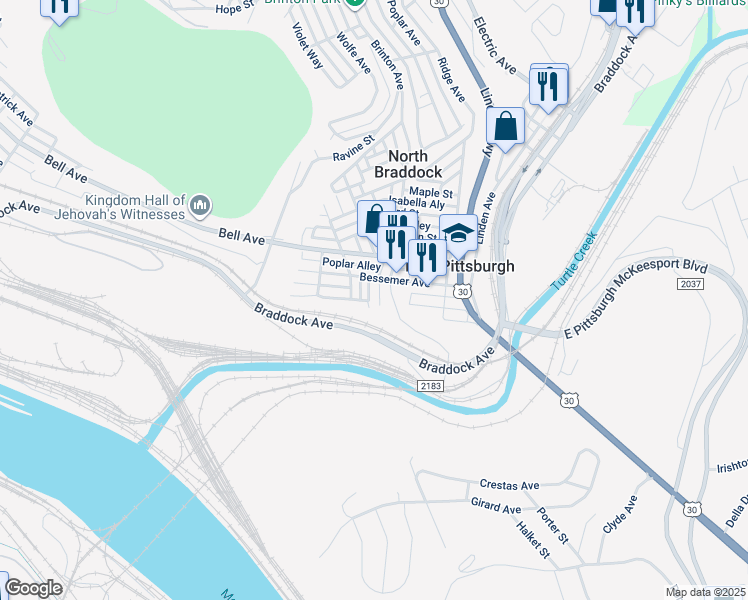 map of restaurants, bars, coffee shops, grocery stores, and more near 308 Glosser Street in East Pittsburgh