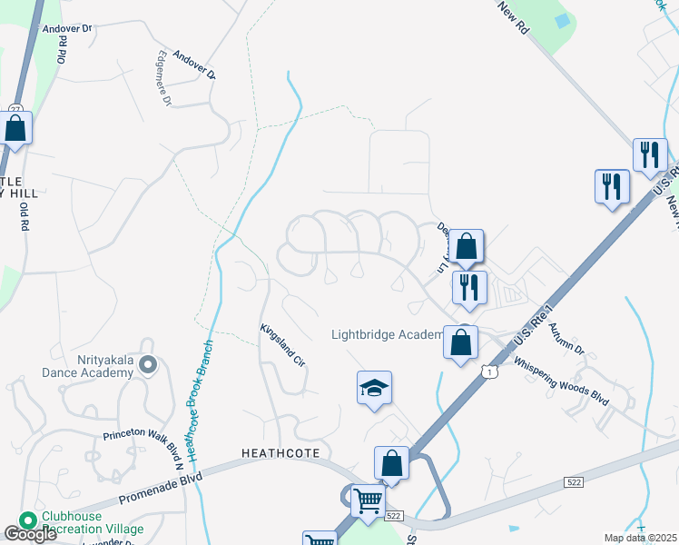 map of restaurants, bars, coffee shops, grocery stores, and more near 90 Doe Court in South Brunswick Township