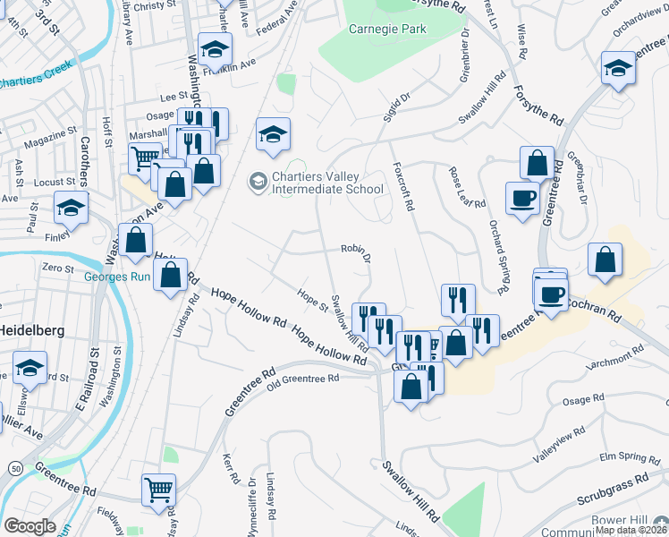 map of restaurants, bars, coffee shops, grocery stores, and more near 706 Robin Drive in Pittsburgh