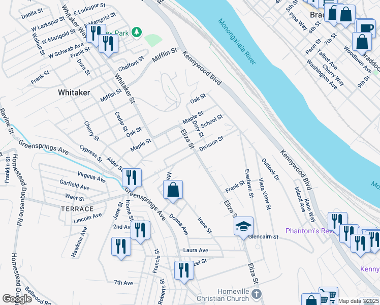 map of restaurants, bars, coffee shops, grocery stores, and more near 3631 Eliza Street in West Mifflin