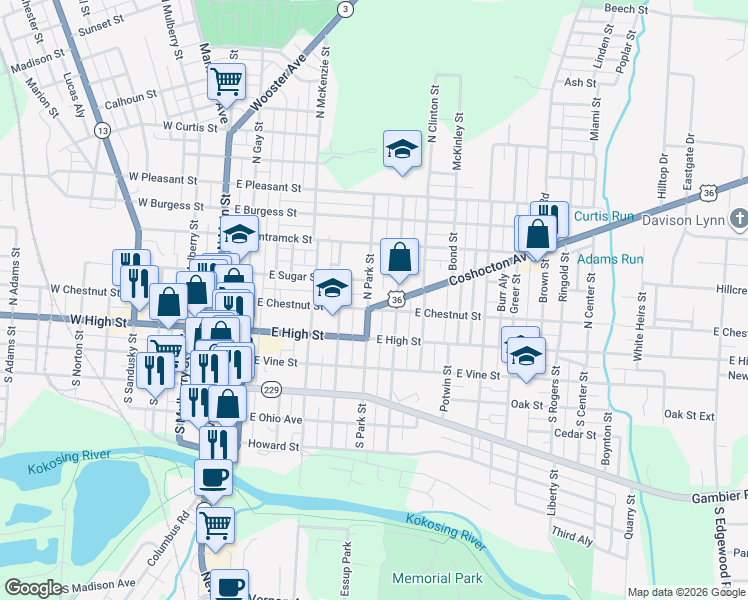 map of restaurants, bars, coffee shops, grocery stores, and more near 220 East Sugar Street in Mount Vernon