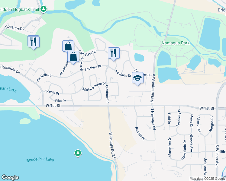 map of restaurants, bars, coffee shops, grocery stores, and more near 215 Shupe Circle in Loveland