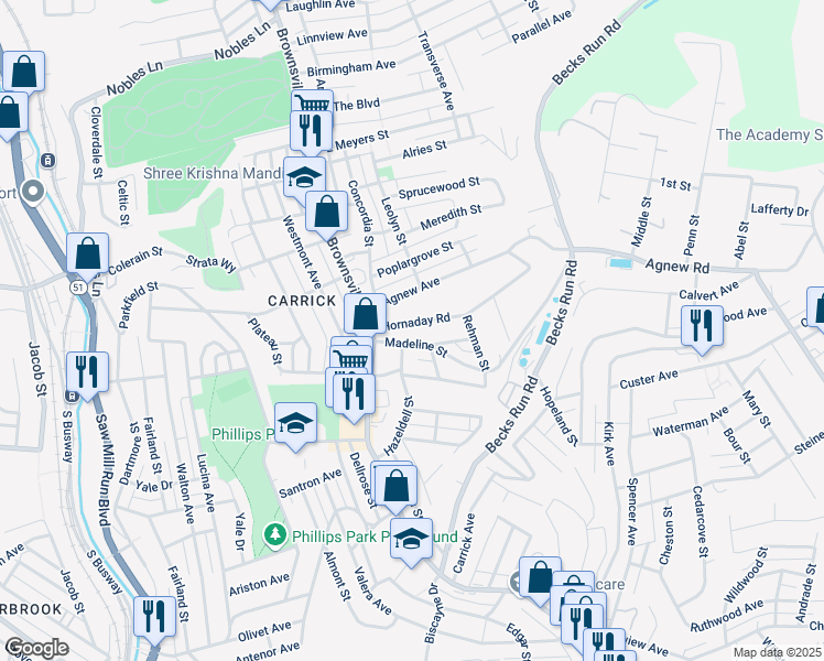 map of restaurants, bars, coffee shops, grocery stores, and more near 133 Hornaday Road in Pittsburgh